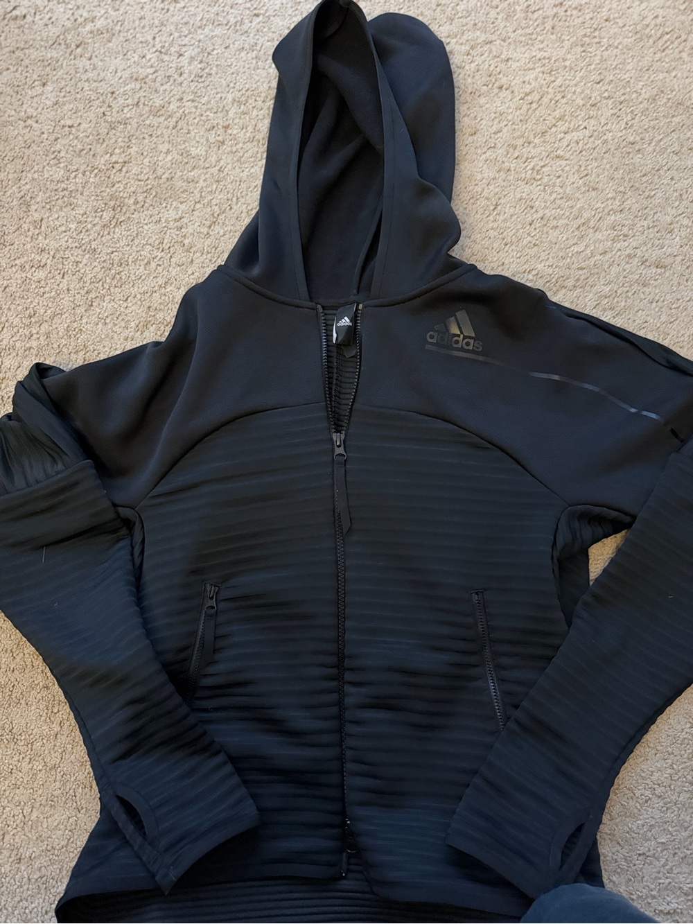 adidas Black Ribbed Full-Zip Hooded Jacket